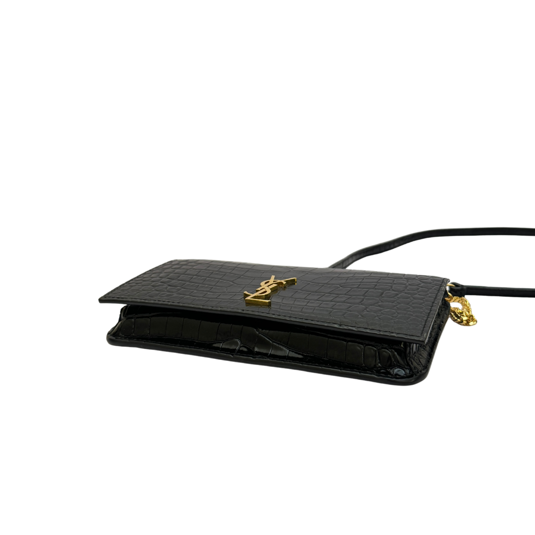 Saint Laurent Cassandre Phone Holder on Chain in Black Crocodile-Embossed Leather