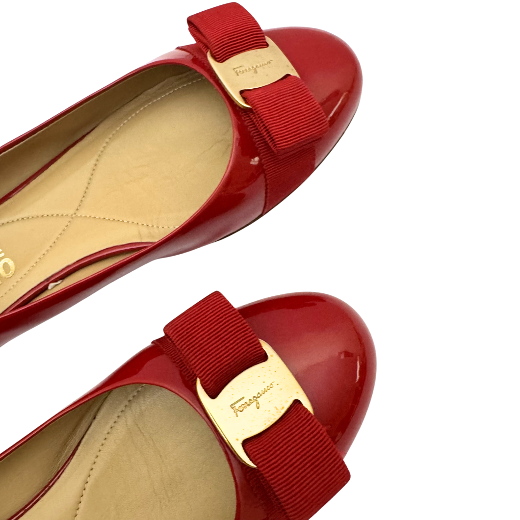 Salvatore Ferragamo Vara Bow Ballet Flats in Red Patent Leather, Size 39