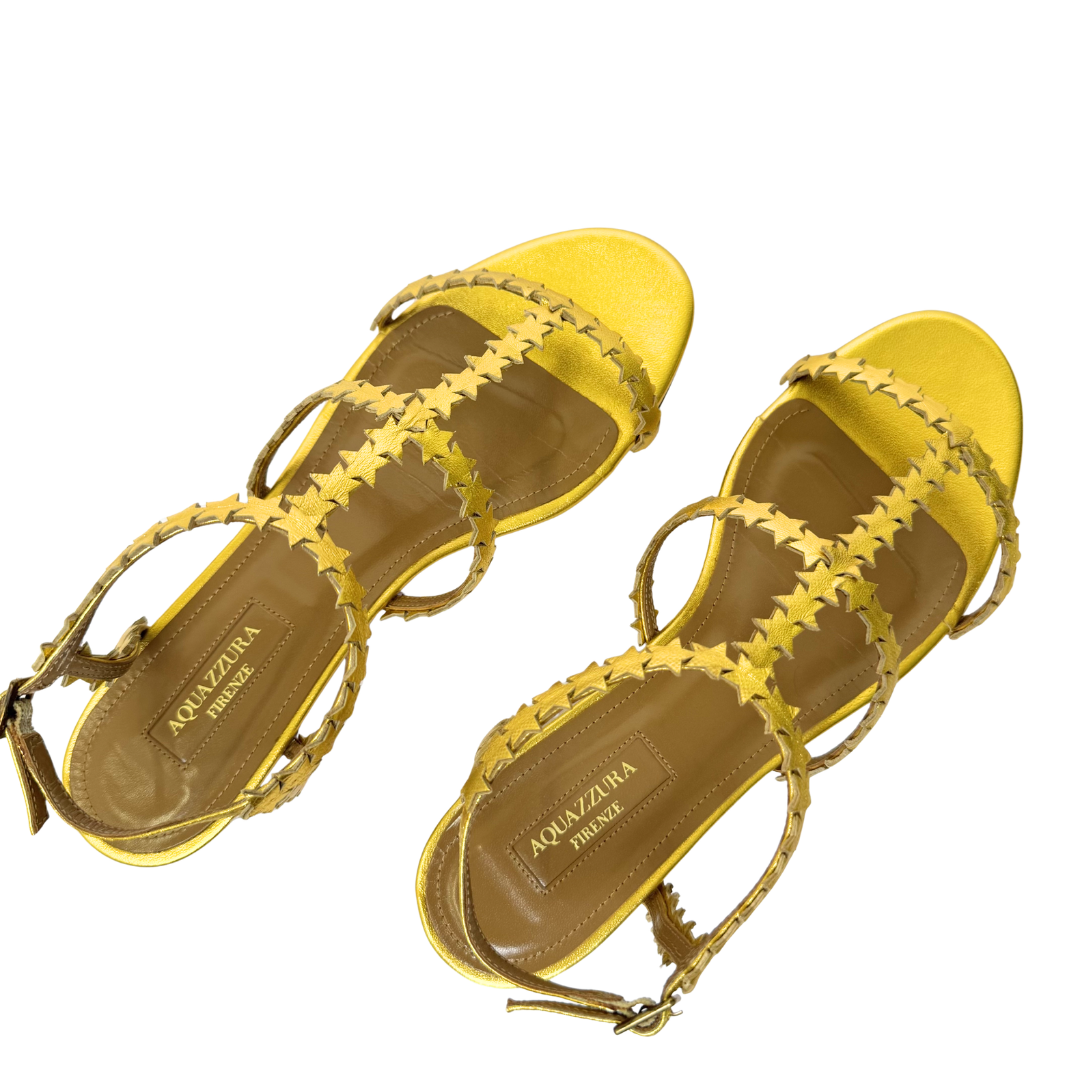 Aquazzura Starlight Gold Metallic Leather Sandals - Size 36.5