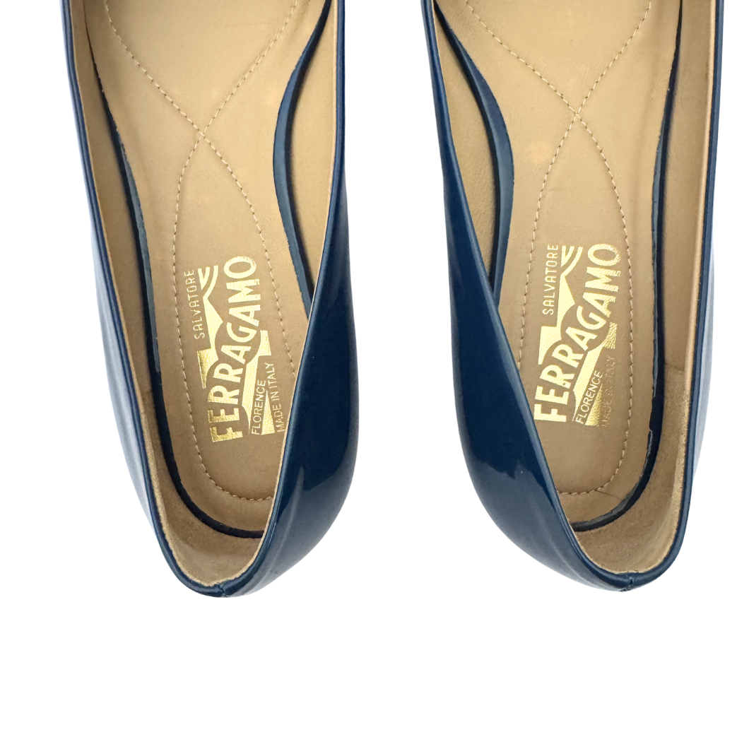 Salvatore Ferragamo Vara Bow Ballet Flats in Blue Patent Leather, Size 39