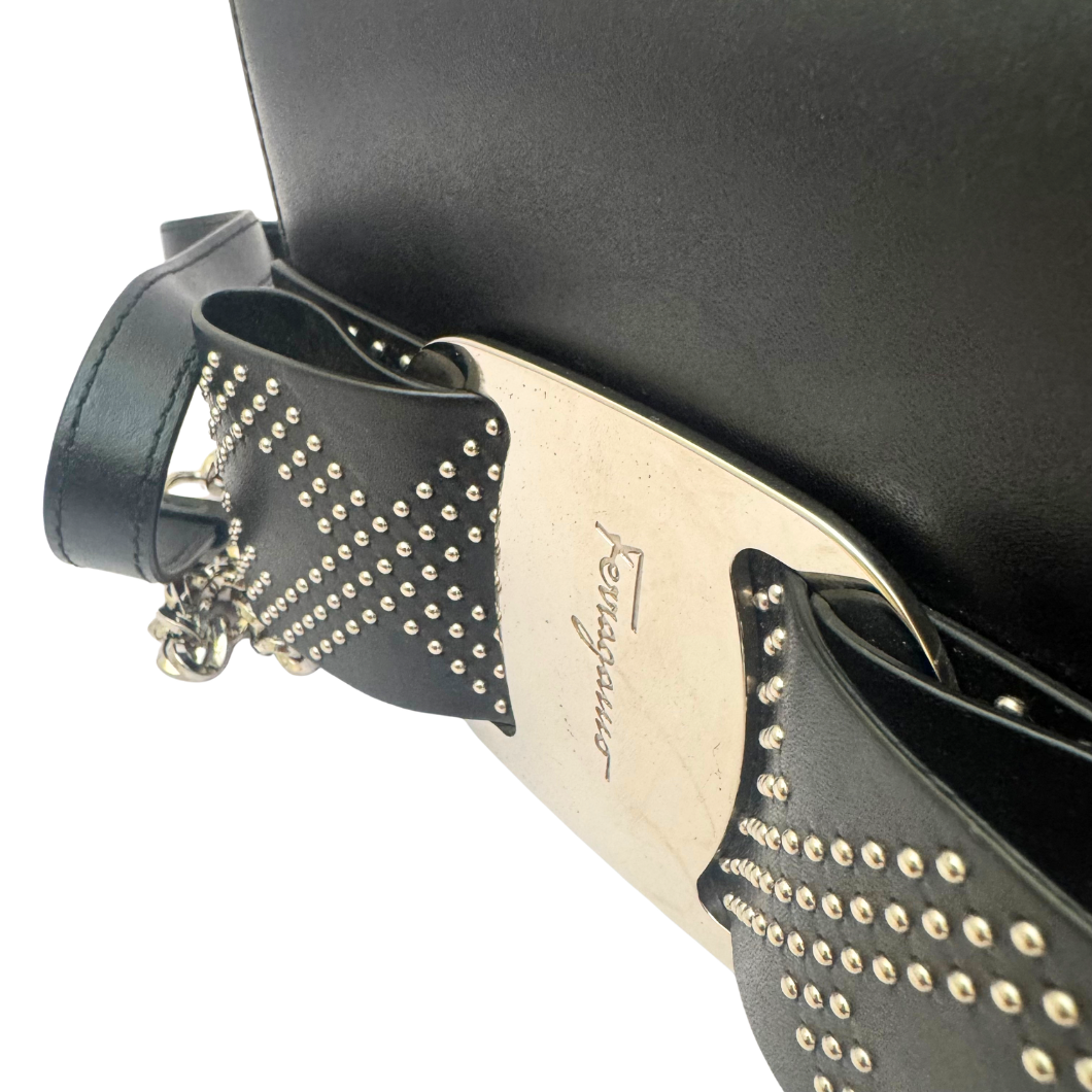 Salvatore Ferragamo Mini Vara Bow Crossbody Bag in Black Studded Leather