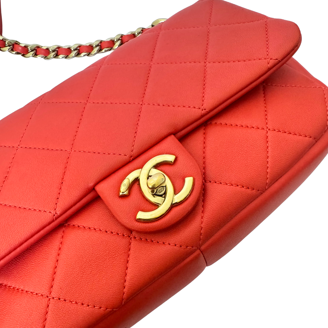 Chanel Flap Bag with Chunky Resin-Link Chain in Coral Red Lambskin