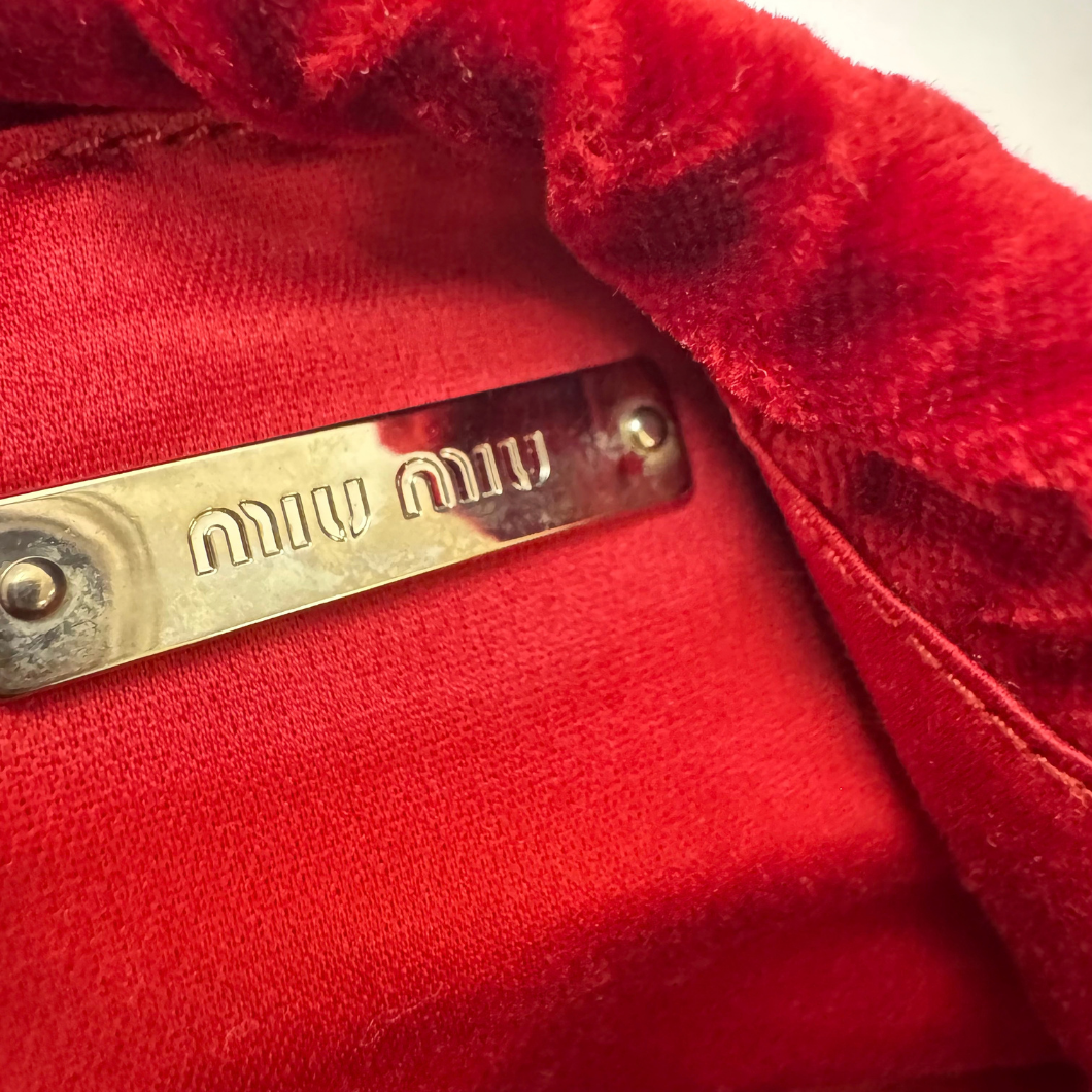 Miu Miu Crystal-Embellished Velvet Bucket Bag in Red