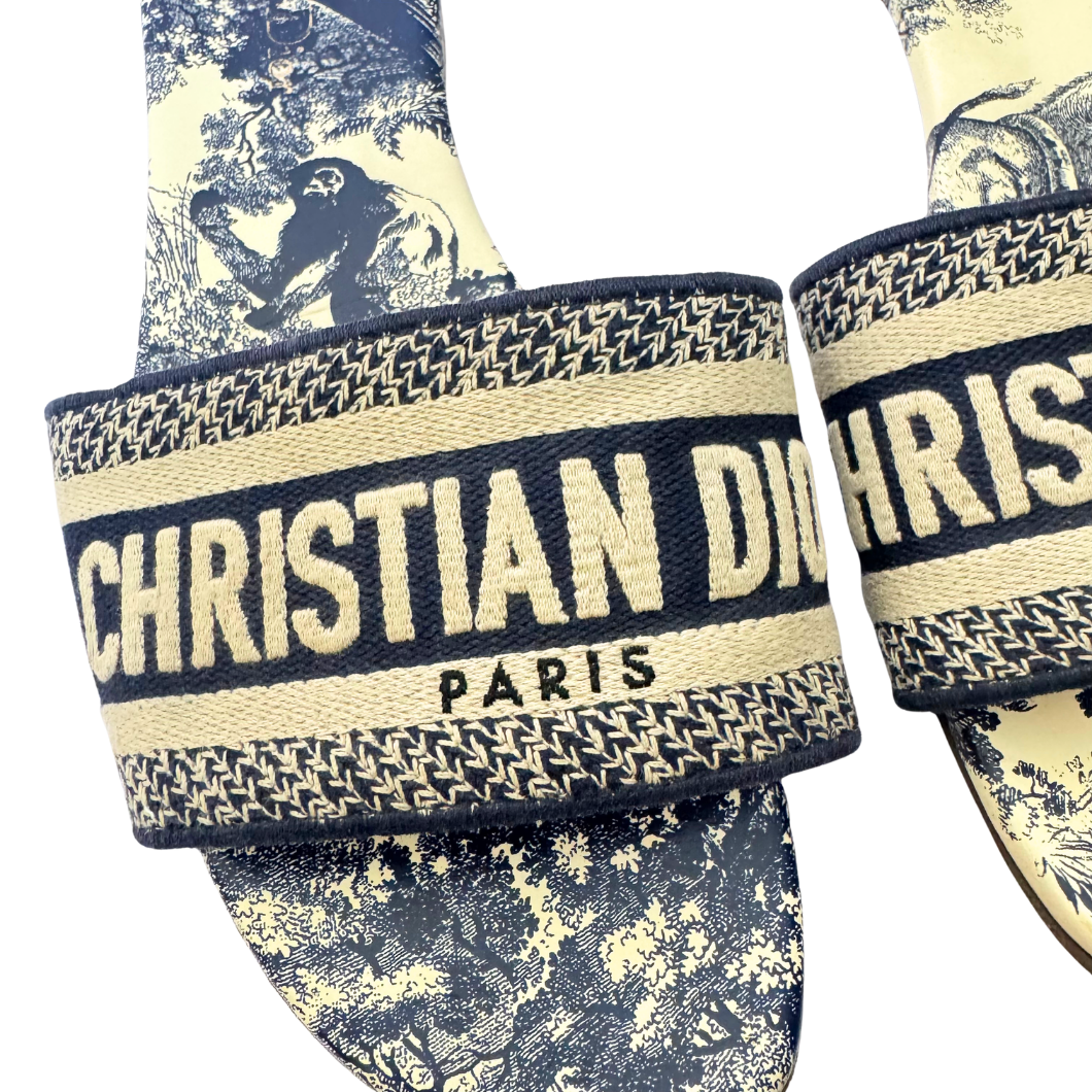 Dior Dway Slide Sandals in Blue Toile de Jouy, Size 39