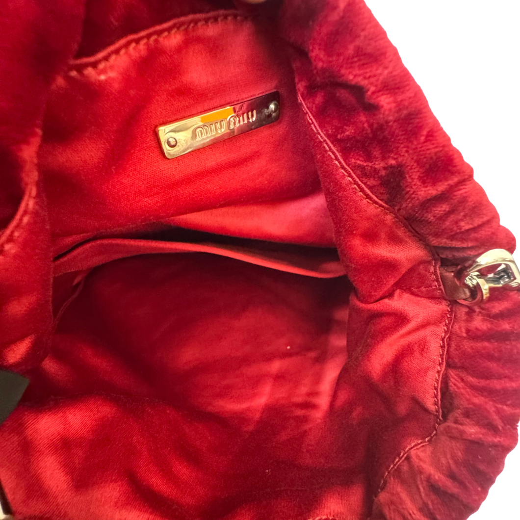 Miu Miu Crystal-Embellished Velvet Bucket Bag in Red
