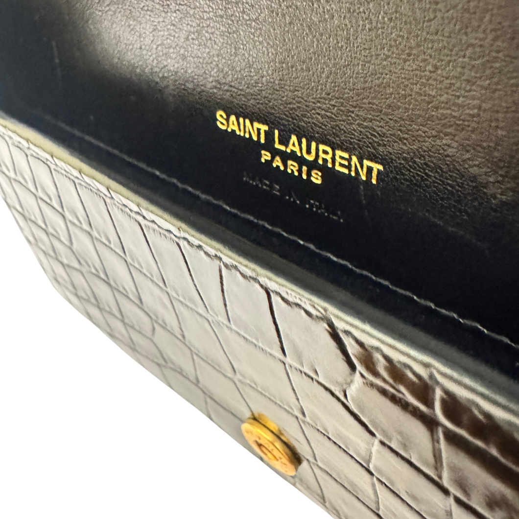Saint Laurent Cassandre Phone Holder on Chain in Black Crocodile-Embossed Leather