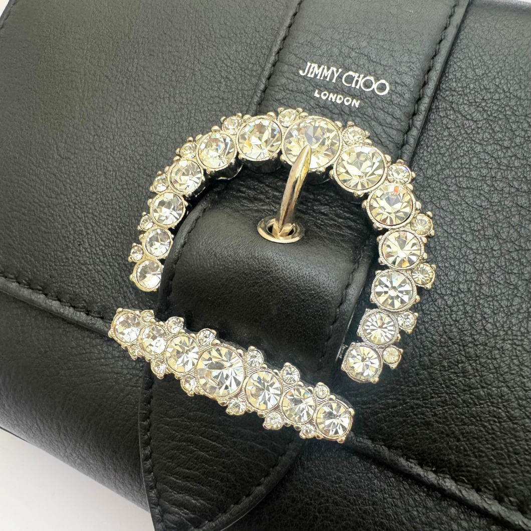 Jimmy Choo Cheri Top Handle Bag in Black Leather with Crystal Buckle