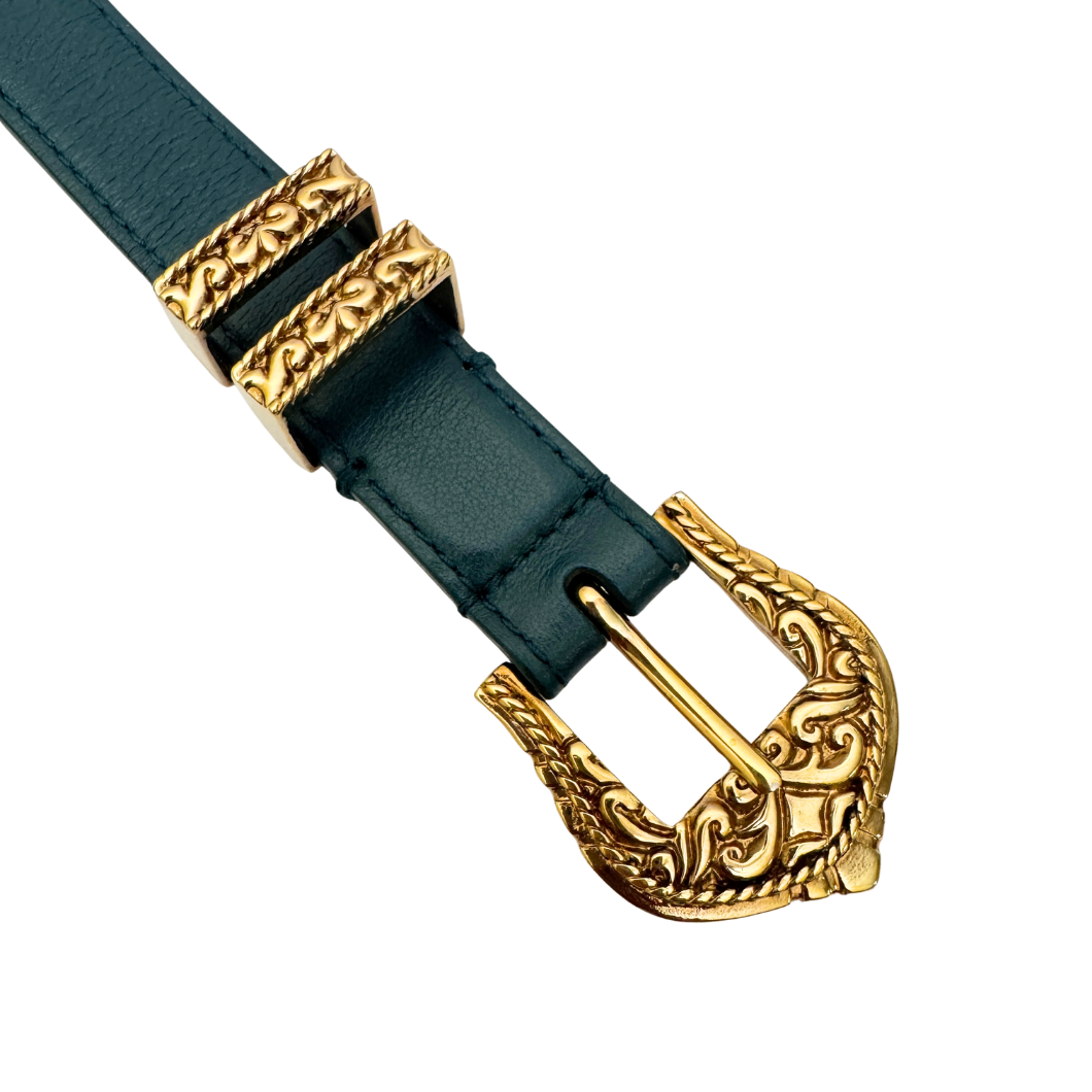 Versace Engraved Buckle Belt in Forest Green Leather, Size 100