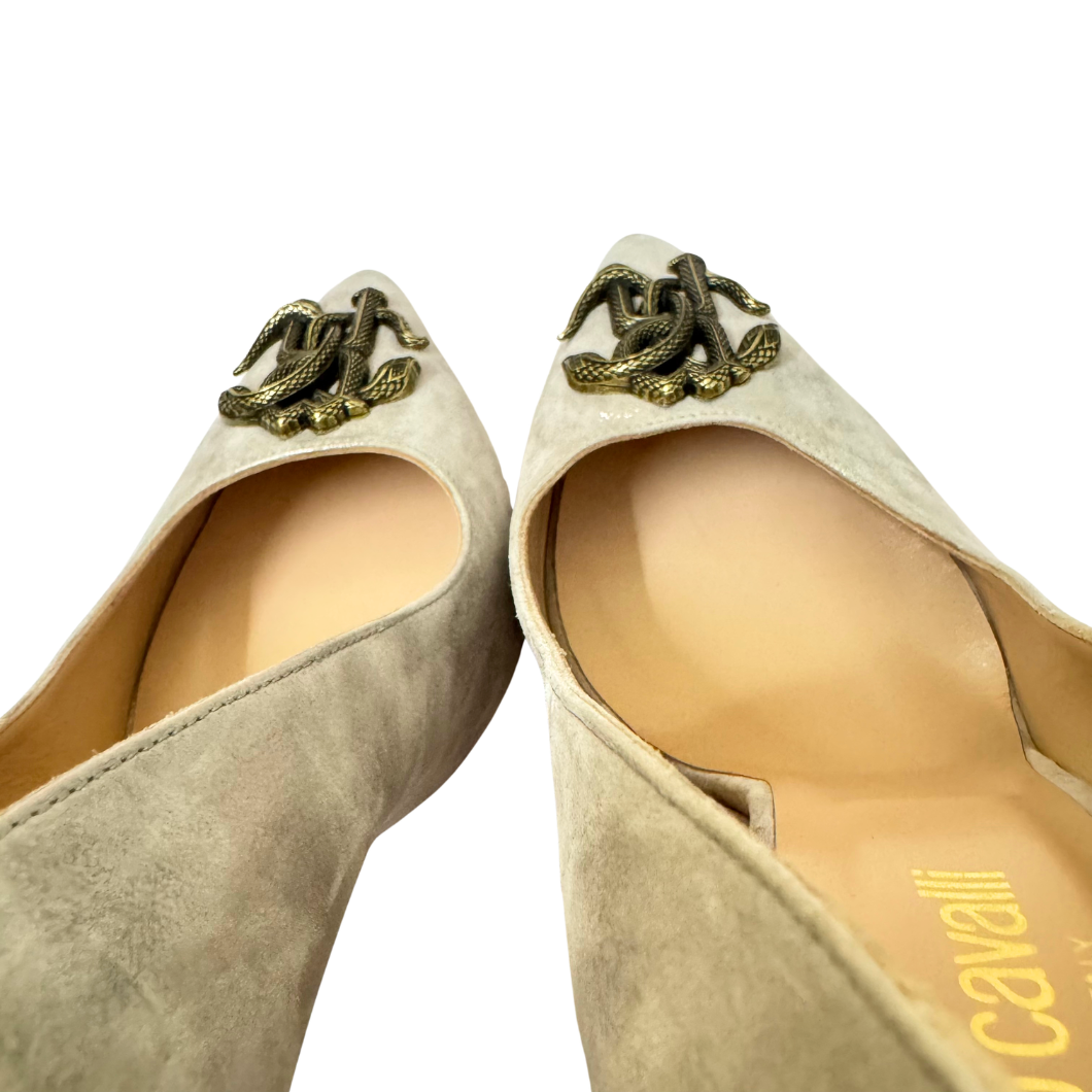 Roberto Cavalli Snake Logo Pumps in Grey Suede, Size 39