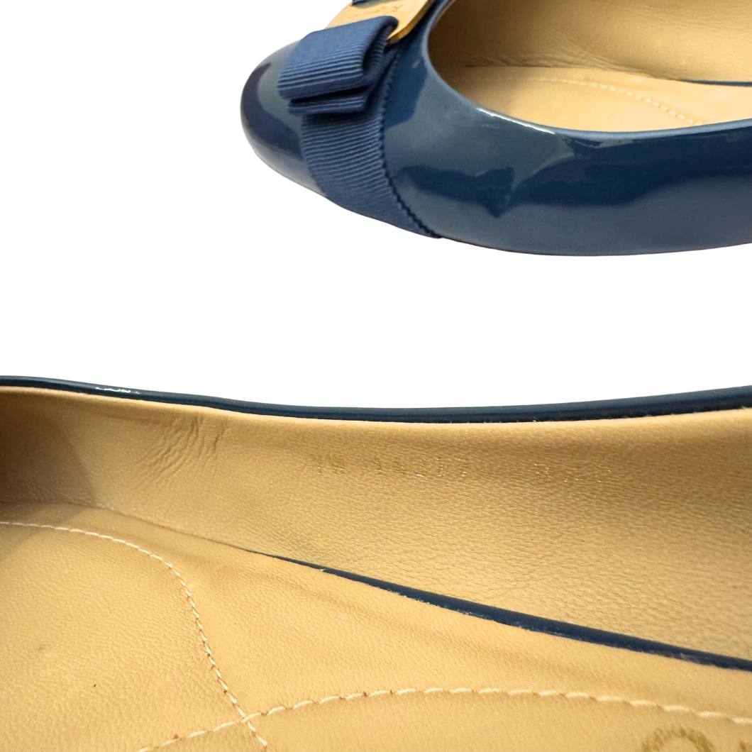 Salvatore Ferragamo Vara Bow Ballet Flats in Blue Patent Leather, Size 39