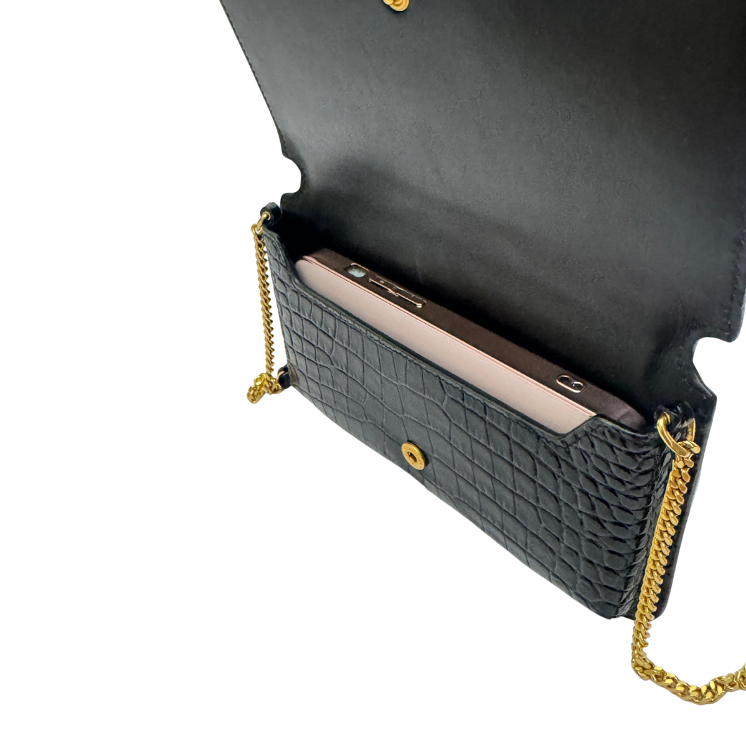 Saint Laurent Cassandre Phone Holder on Chain in Black Crocodile-Embossed Leather