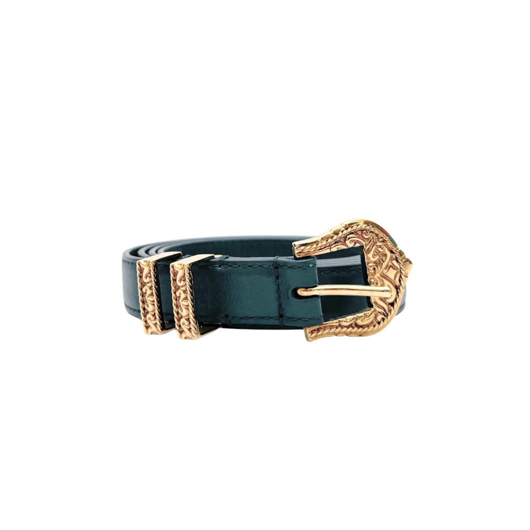 Versace Engraved Buckle Belt in Forest Green Leather, Size 100