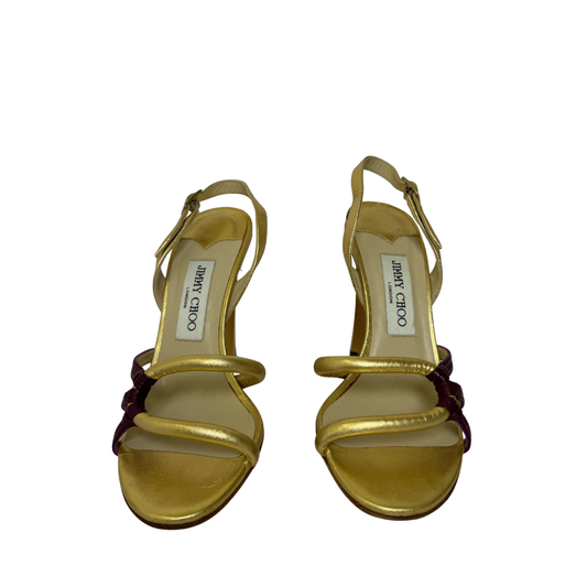Jimmy Choo Golden and Burgundy Strap Evening Heels - Size 37