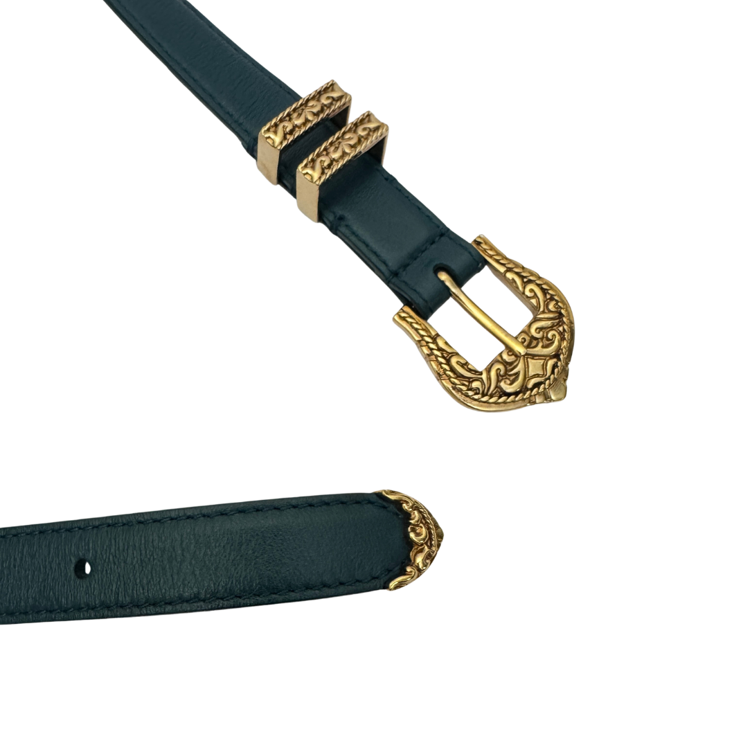 Versace Engraved Buckle Belt in Forest Green Leather, Size 100