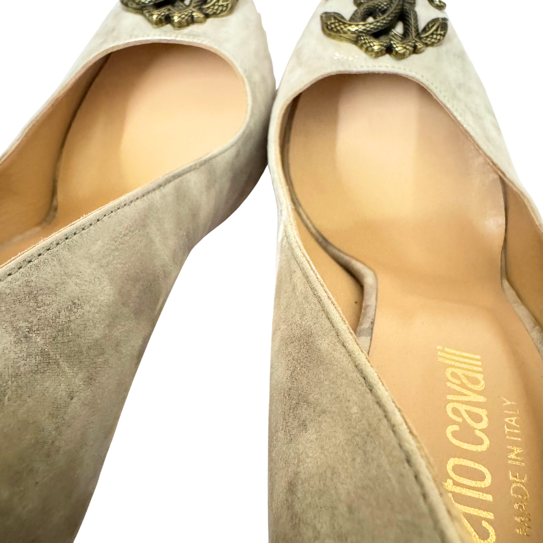 Roberto Cavalli Snake Logo Pumps in Grey Suede, Size 39