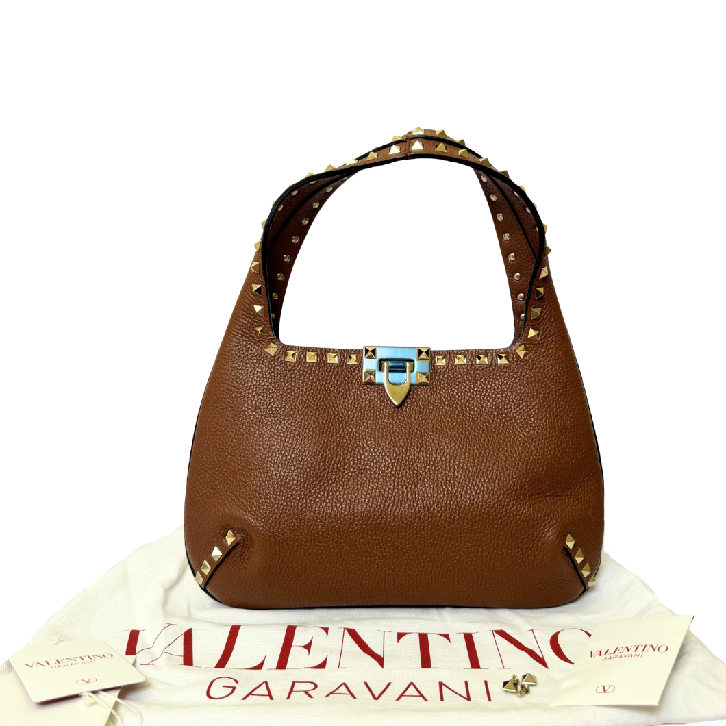 Valentino Garavani Rockstud Hobo Bag in Brown Leather