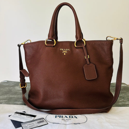 Prada Vitello Daino Satchel Bag in Brown Leather