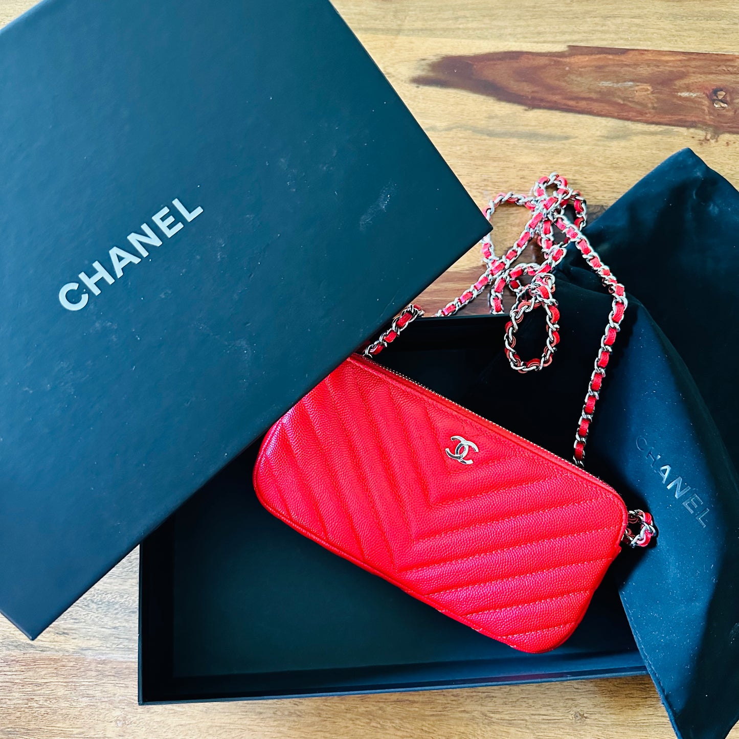 Chanel Red Caviar Leather Double Zip Wallet on Chain