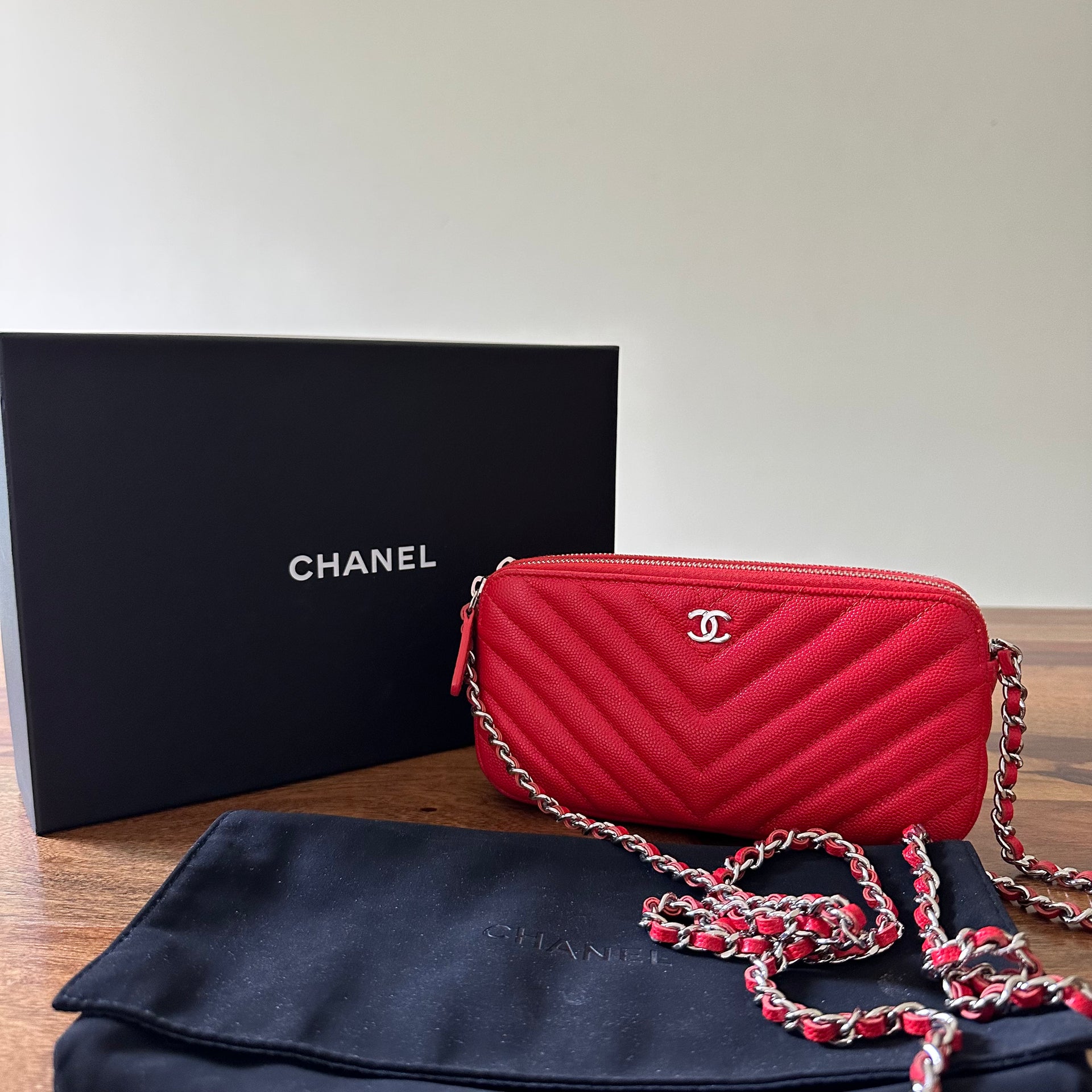Chanel Red Caviar Leather Double Zip Wallet on Chain Luxe March