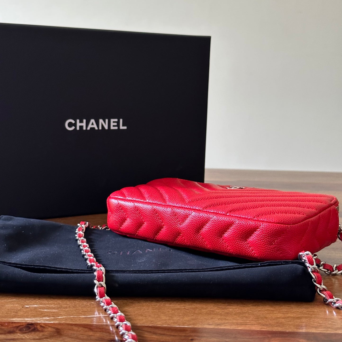 Chanel Red Caviar Leather Double Zip Wallet on Chain – Luxe Marché India