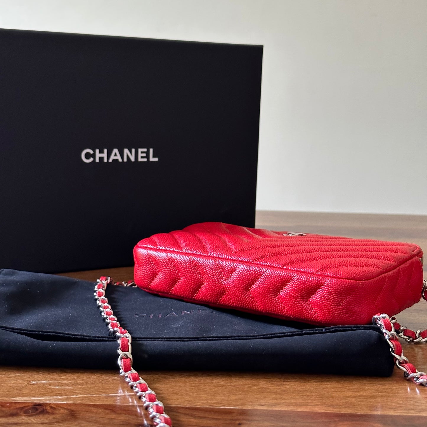 Chanel Red Caviar Leather Double Zip Wallet on Chain