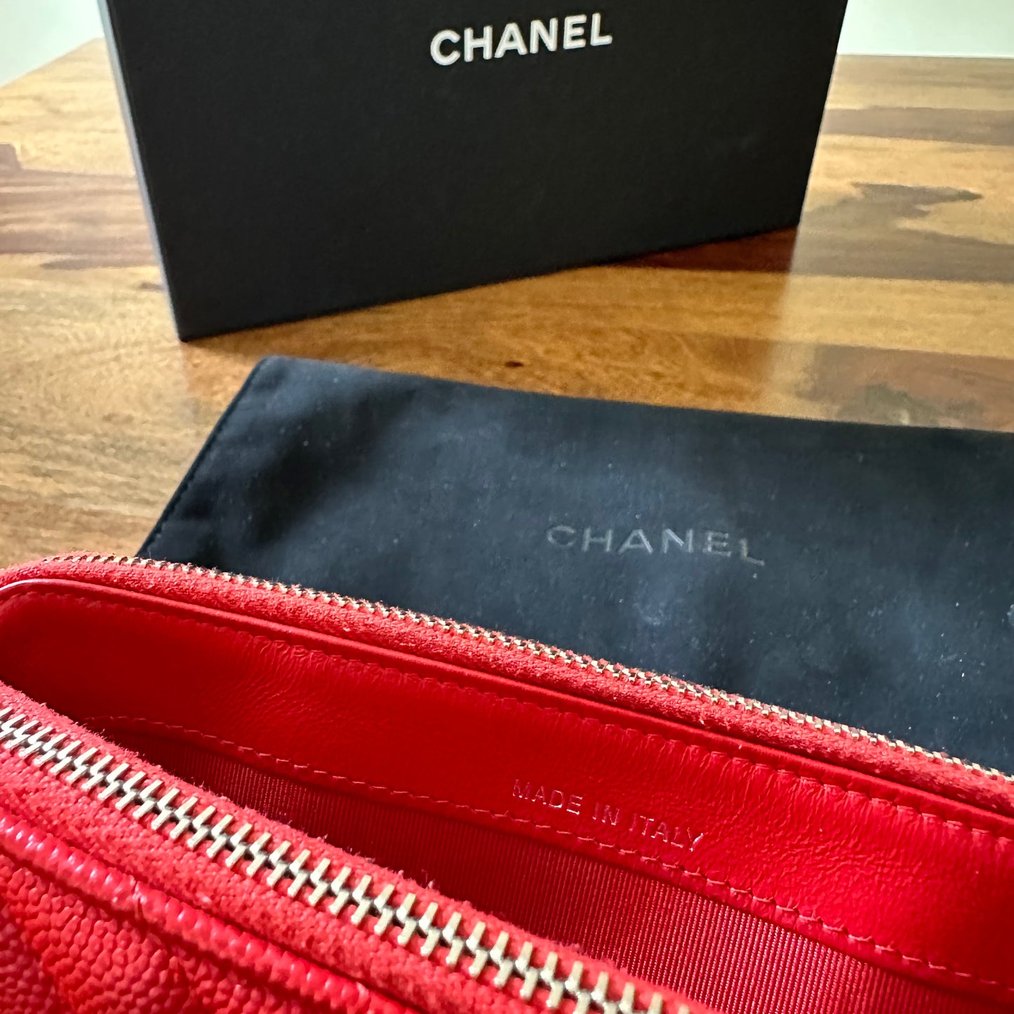 Chanel Red Caviar Leather Double Zip Wallet on Chain