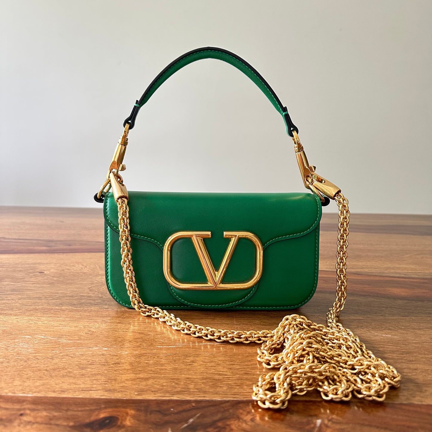 Valentino V Logo Small Locò Green Leather Bag