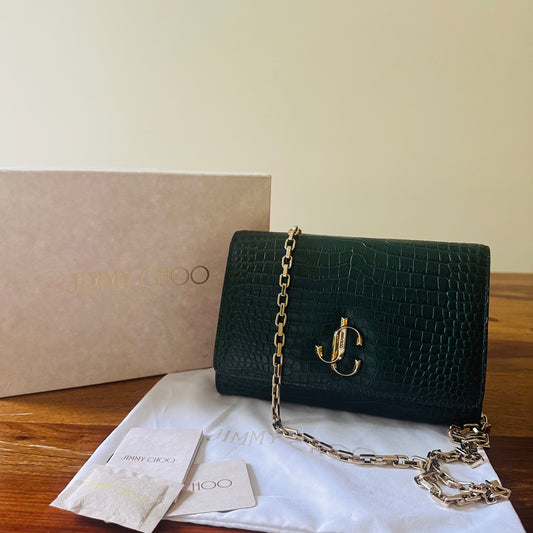 Jimmy Choo Green Embossed Leather Palace Chain Clutch