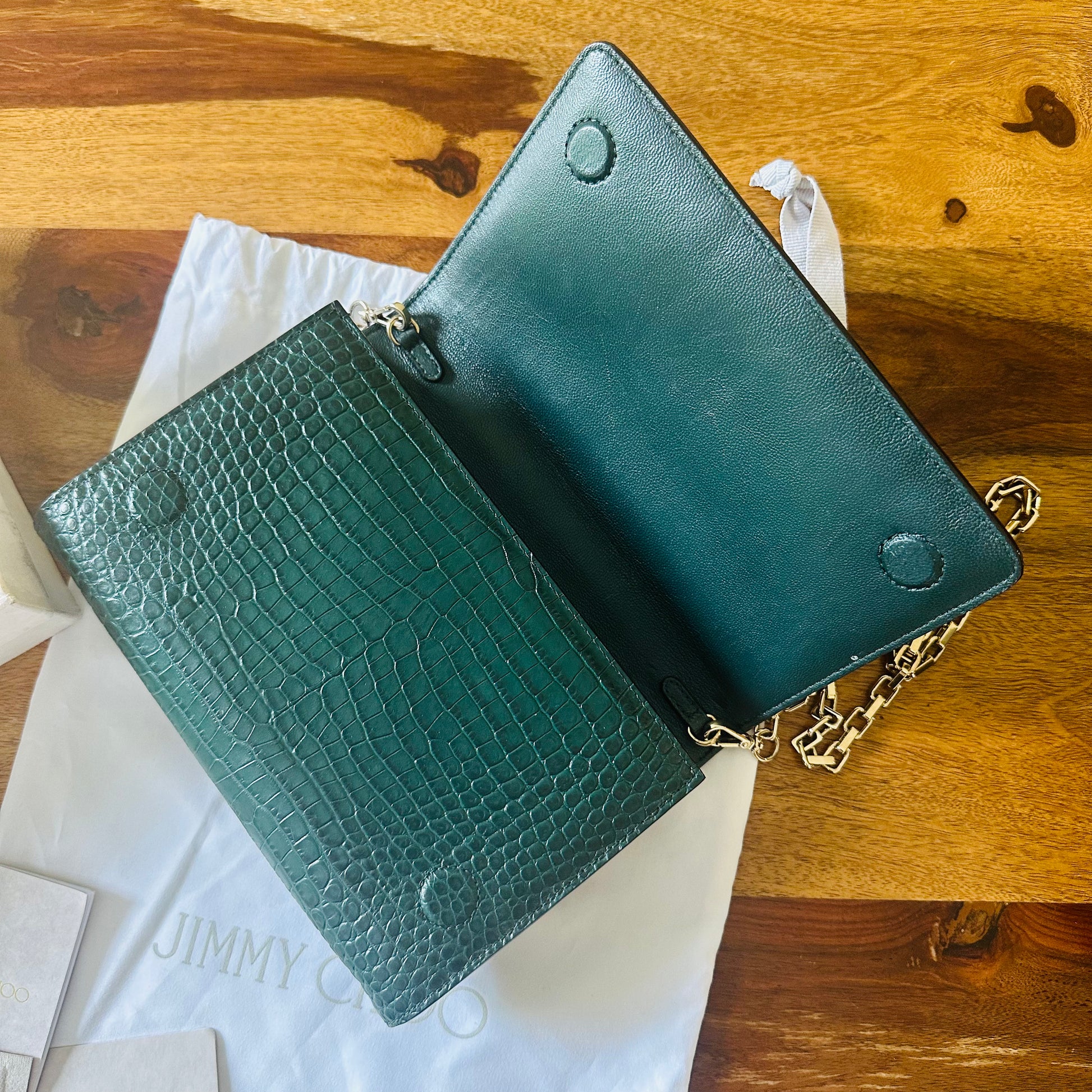 Jimmy Choo Green Embossed Leather Palace Chain Clutch