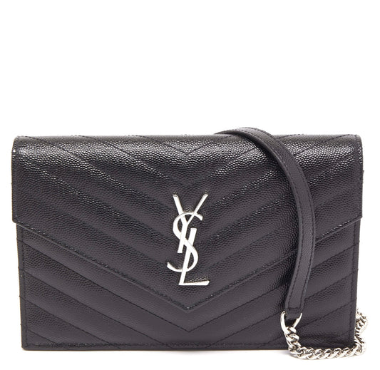 Saint Laurent Black Leather Cassandre Chain Clutch