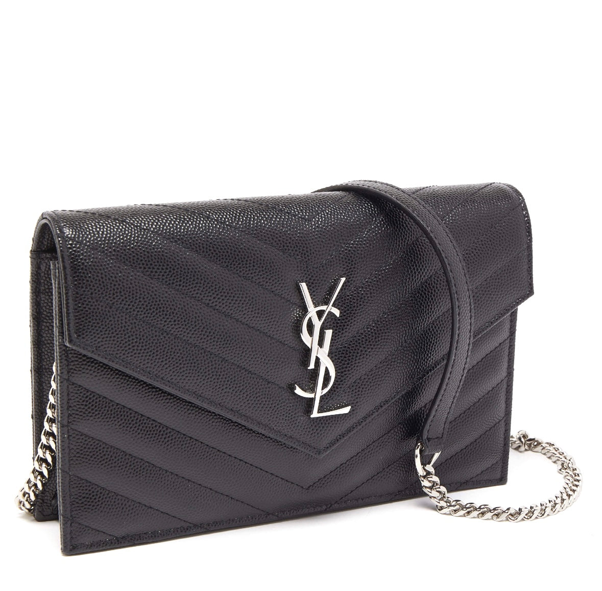 Saint Laurent Black Leather Cassandre Chain Clutch