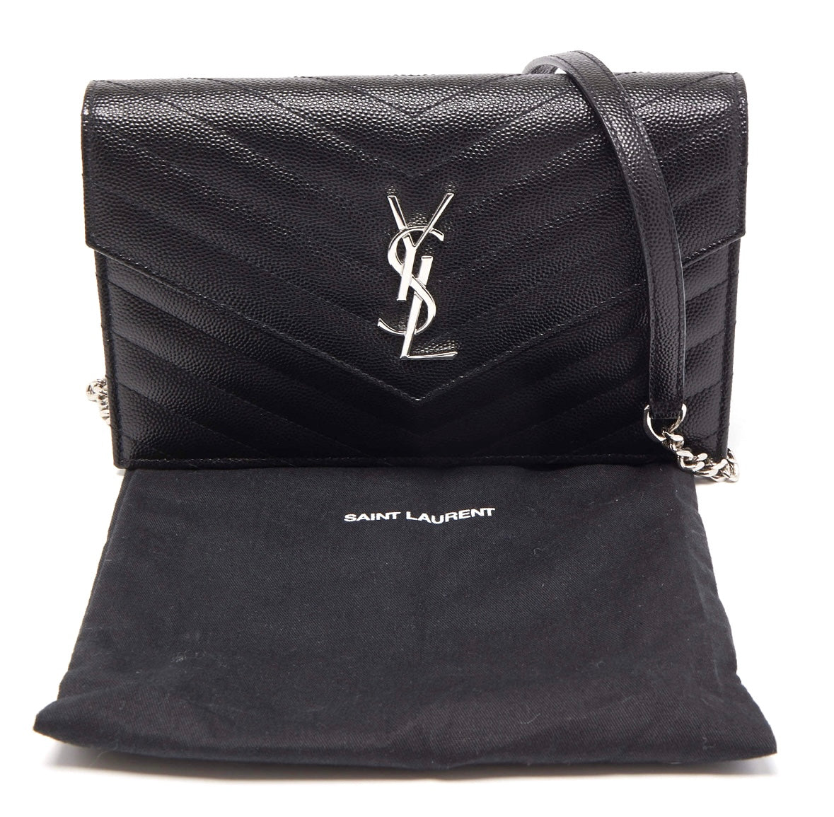 Saint Laurent Black Leather Cassandre Chain Clutch