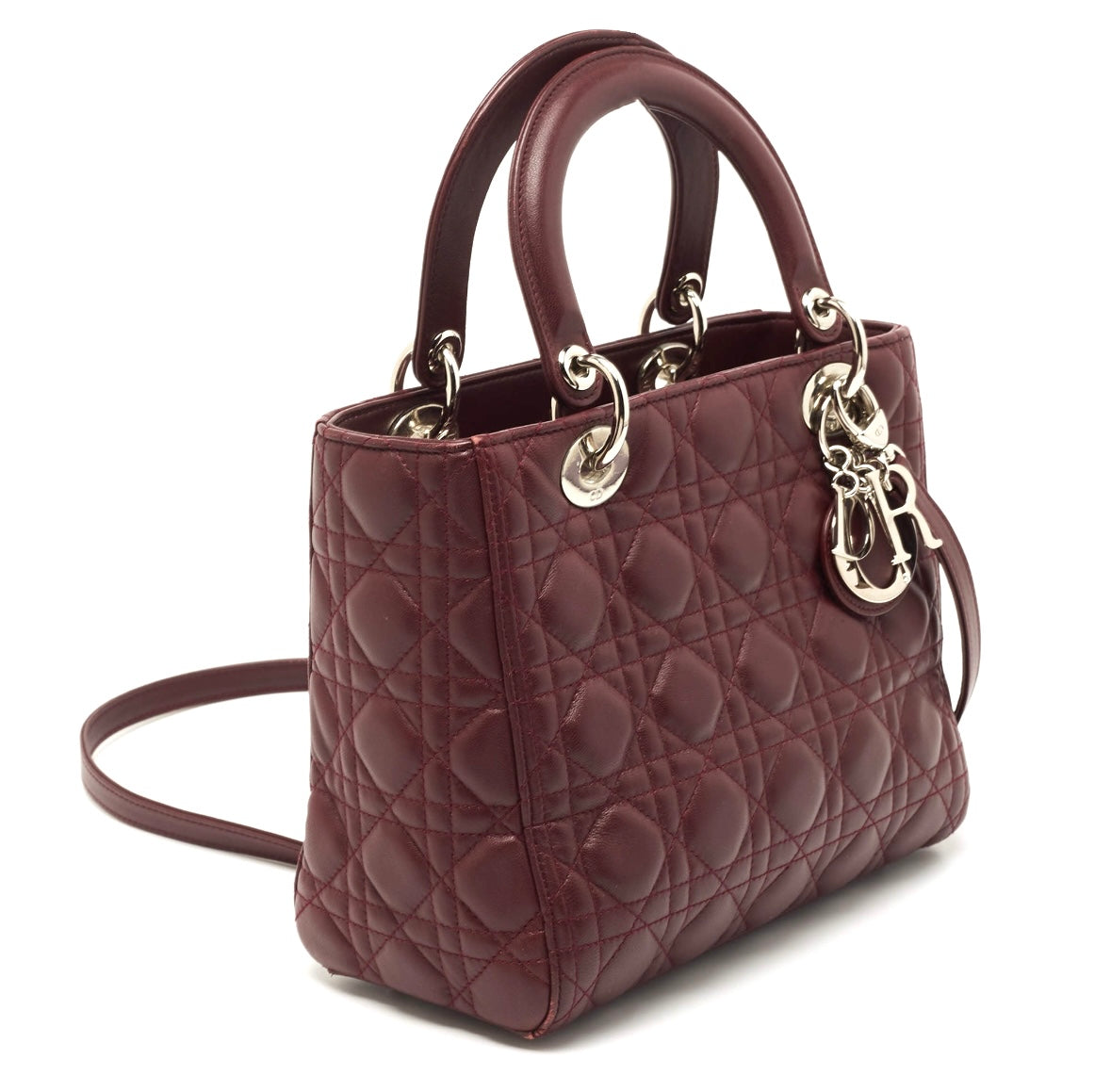 Christian Dior Cannage Leather Medium Lady Dior in Burgundy Lambskin