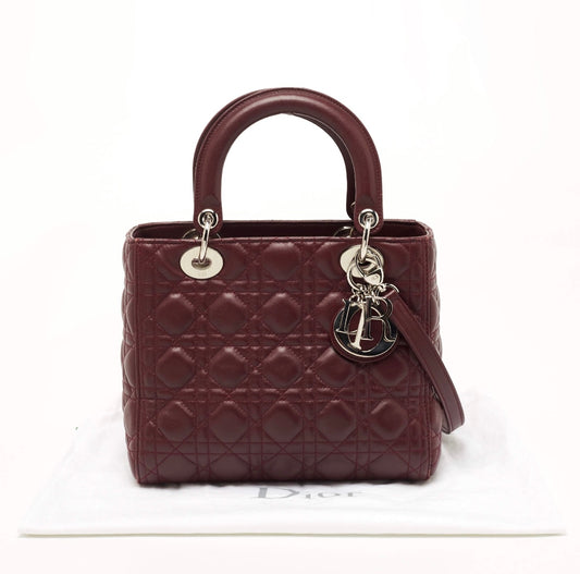 Christian Dior Cannage Leather Medium Lady Dior in Burgundy Lambskin