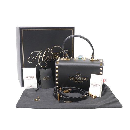 Valentino Black Leather Rockstud Alcove Box Top Handle Bag
