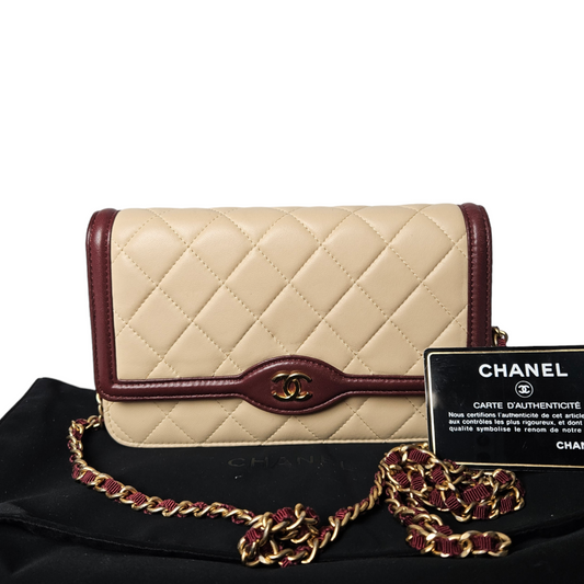 Chanel Beige/Burgundy Classic Wallet on Chain