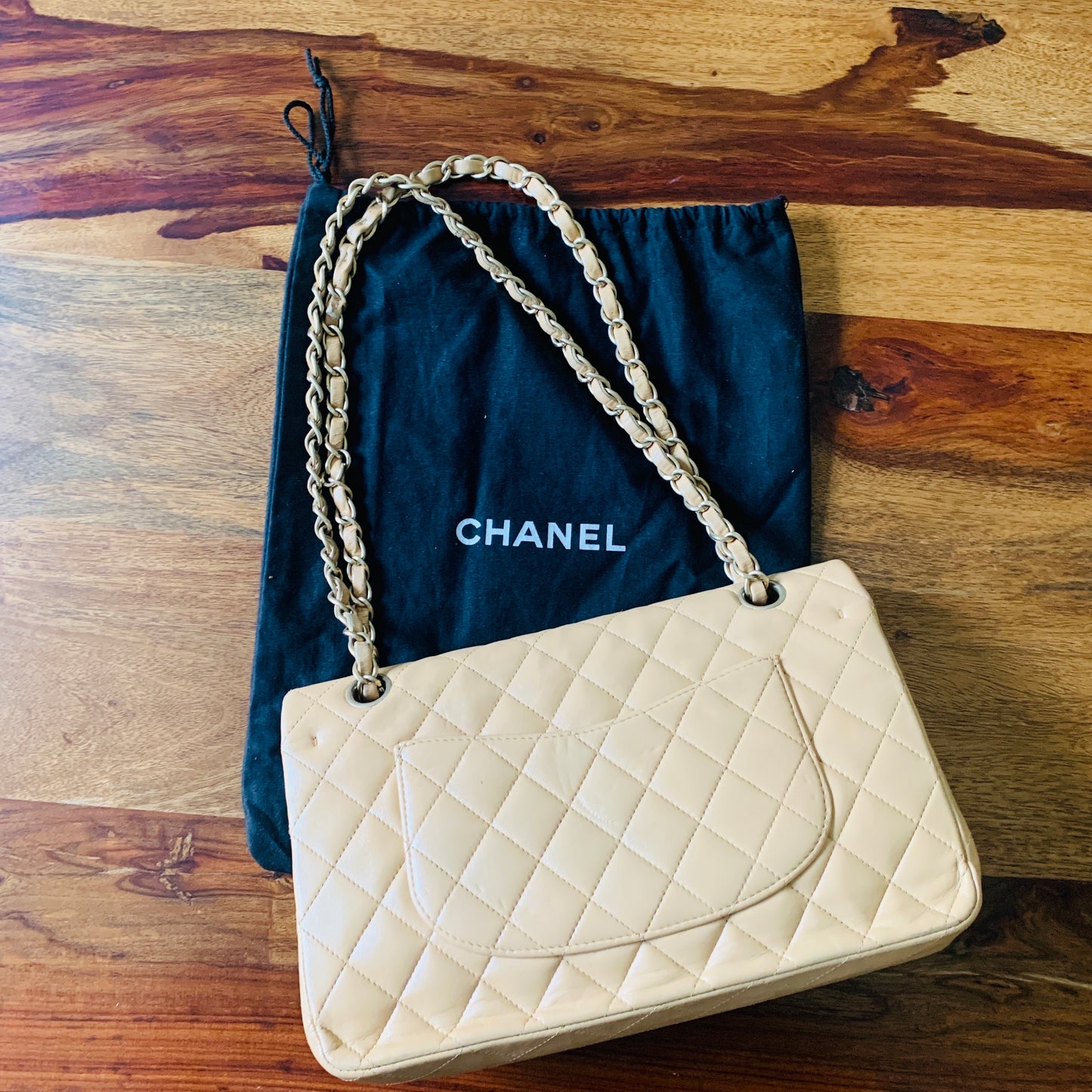 Chanel Medium Classic Double Flap Beige Shoulder Bag