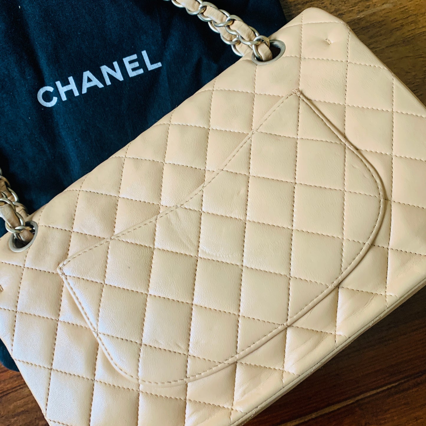 Chanel Medium Classic Double Flap Beige Shoulder Bag