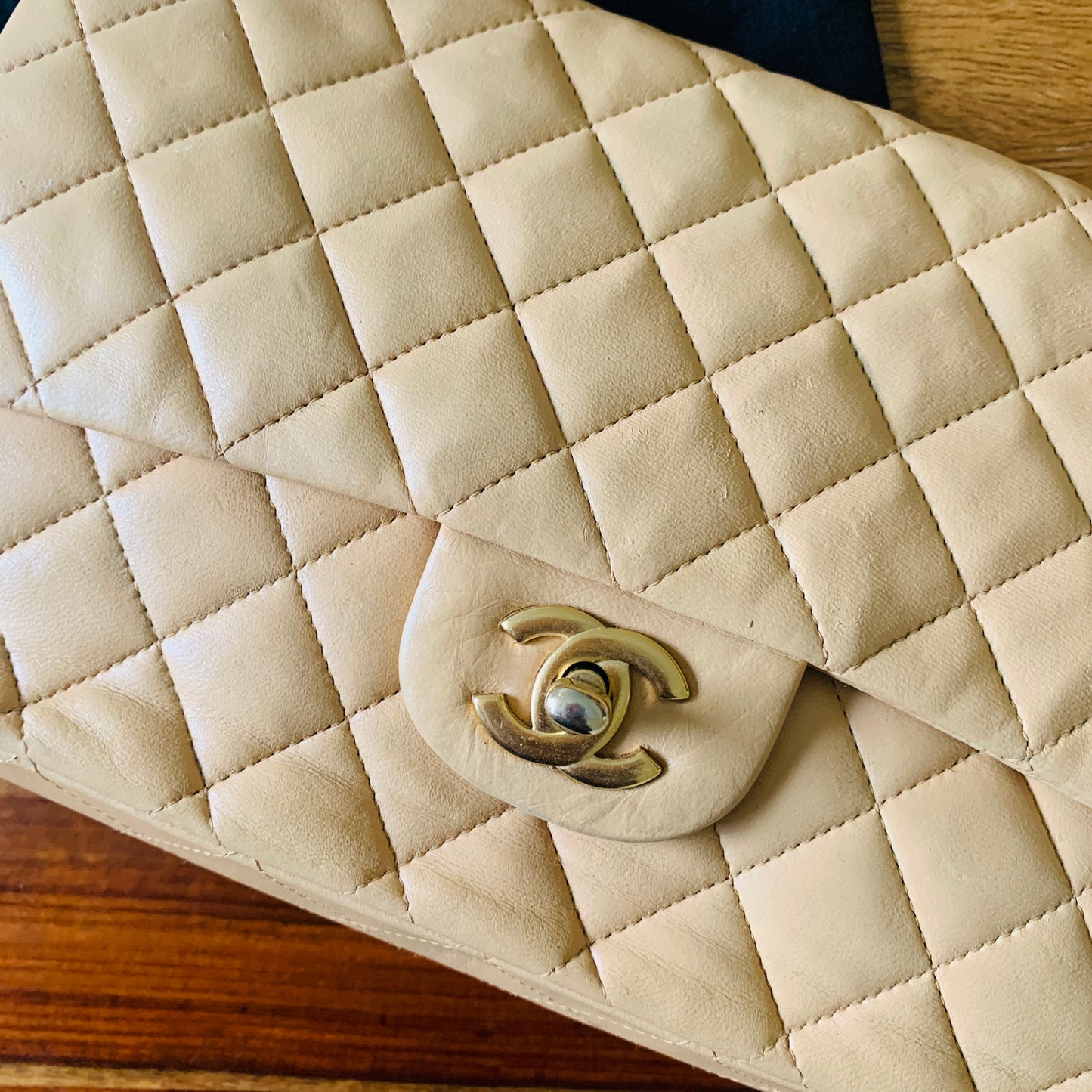 Chanel Medium Classic Double Flap Beige Shoulder Bag