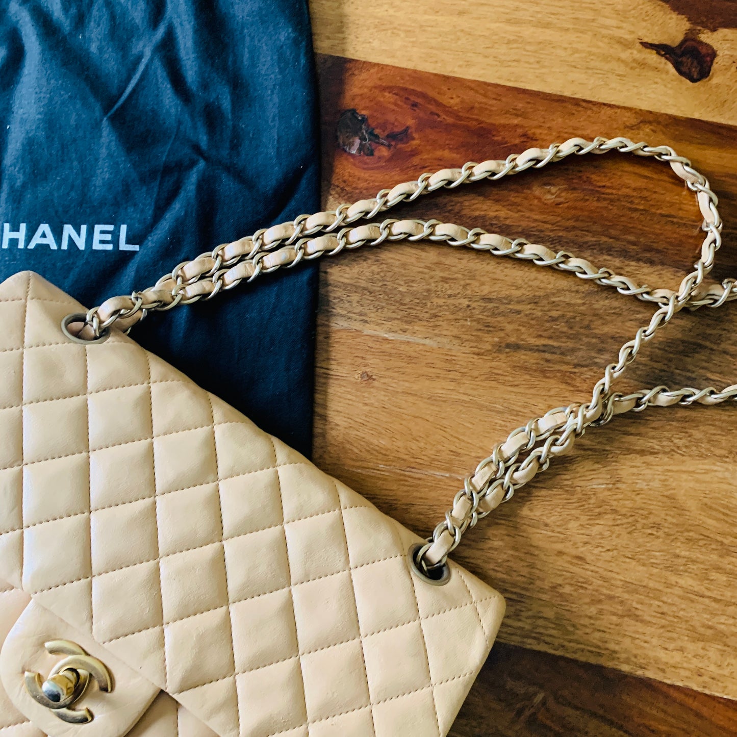 Chanel Medium Classic Double Flap Beige Shoulder Bag