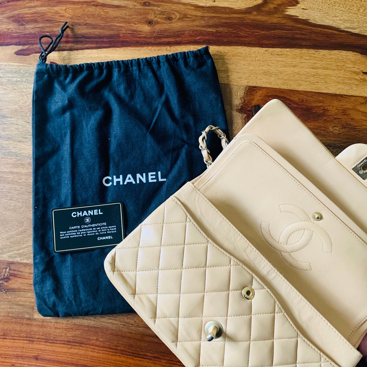 Chanel Medium Classic Double Flap Beige Shoulder Bag