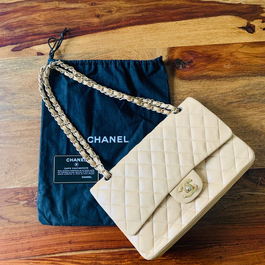 Chanel Medium Classic Double Flap Beige Shoulder Bag